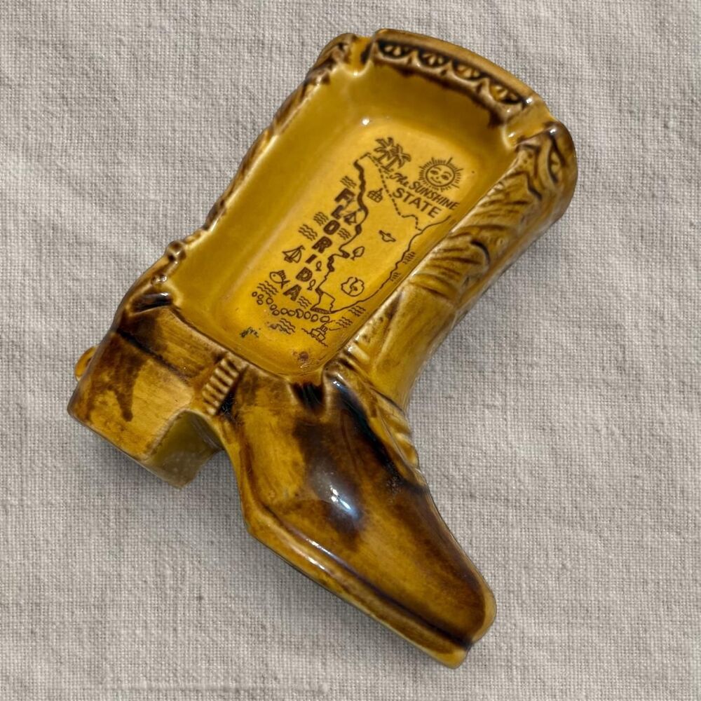 Vintage Florida Ceramic Cowboy Boot Ashtray with map of Florida
